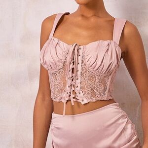 Dusty pink satin shirted cup lace crop top